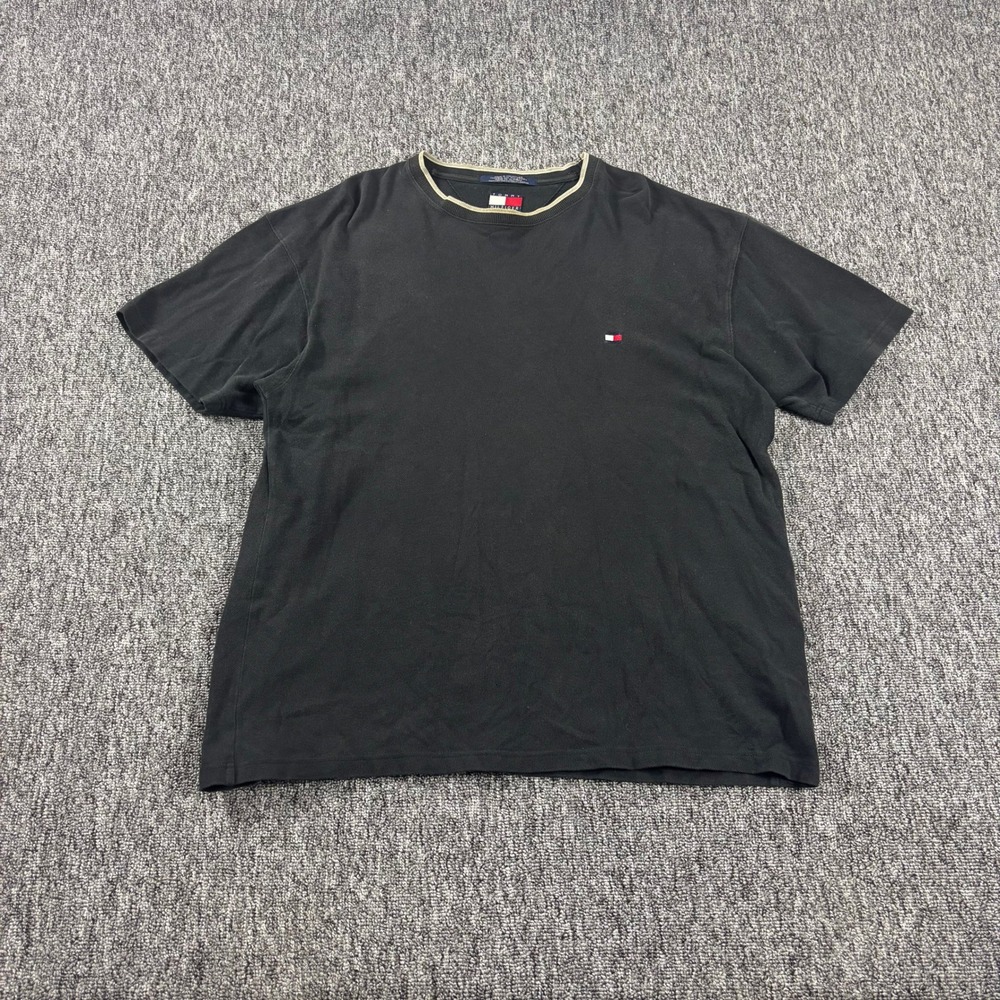 Preppy 90s Vintage Tommy Hilfiger Heavyweight Embroidered T-Shirt Black Large